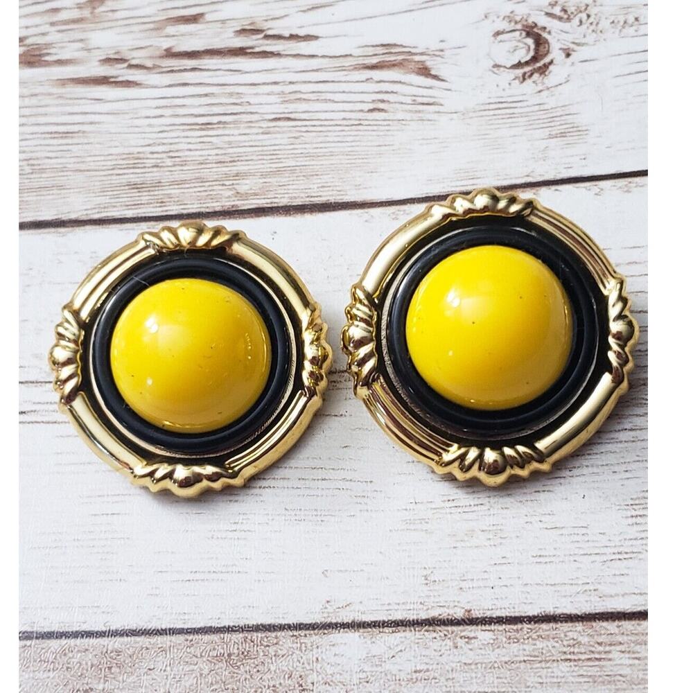 Vintage Clip On Earrings - Large Statement Yellow with Gold Tone & Black Halo